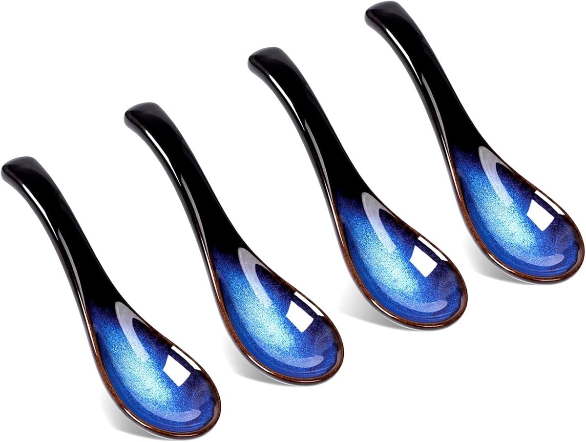 SnelShoppen - 4 Stuks Japanse Blauw Keramische Soeplepels, Asian Ramen Lepels, Hittebestendig voor Miso, Soep, Stoofschotels en Desserts, Ideaal voor