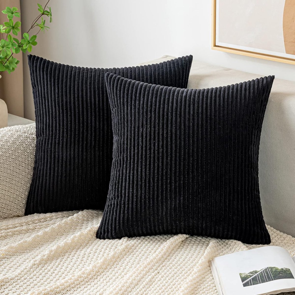 SnelShoppen - 2x Corduroy Kussenhoes 50x50 cm Zacht Gestreept Modern Design voor Sofa Bed Woonkamer Slaapkamer Zwart