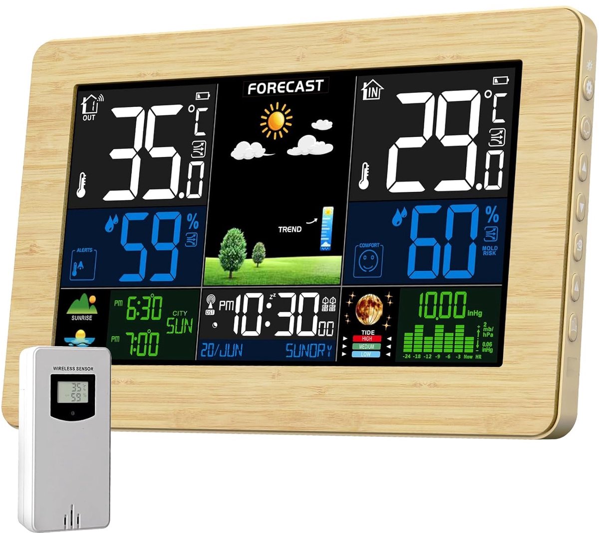 SnelShoppen - Draadloos Weerstation met Buiten Sensor, Kleuren Display, Thermometer, Hygrometer, Weersvoorspelling, DCF Radioklok, Batterij & Netvoedi