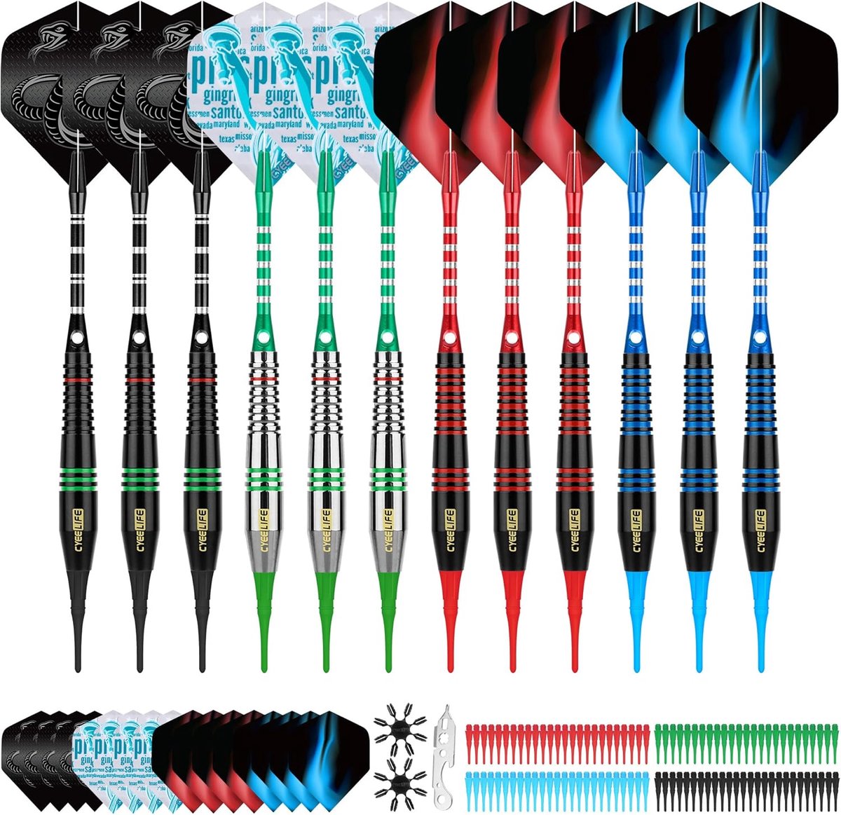 SnelShoppen - Dartpijlen Set met Plastic Punten - 12 Stuks 18g met 4 Kleuren Premium Aluminium Schachten, 100 Extra Dartpunten, 16 Stuks Flights en 2