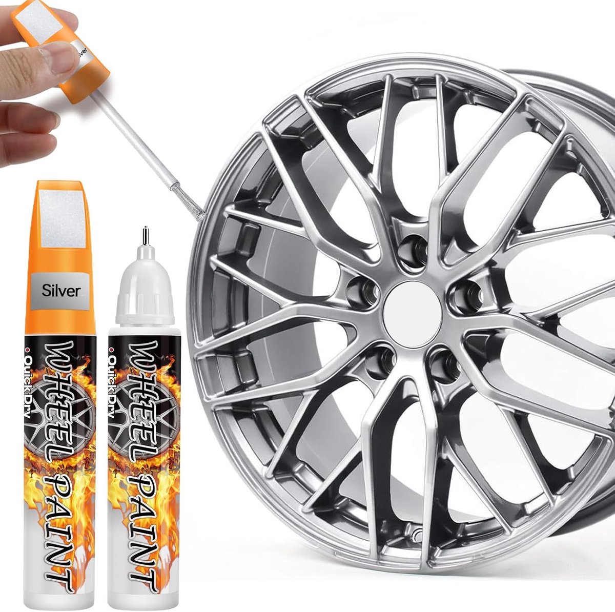 SnelShoppen - Silver High Gloss Paint Pen voor Velgen - 2-in-1 Wieldisplay Reparatie Kit, Auto Krassen Herstel Pen, Snelle Velgenlak, Zilver, Voor Aut