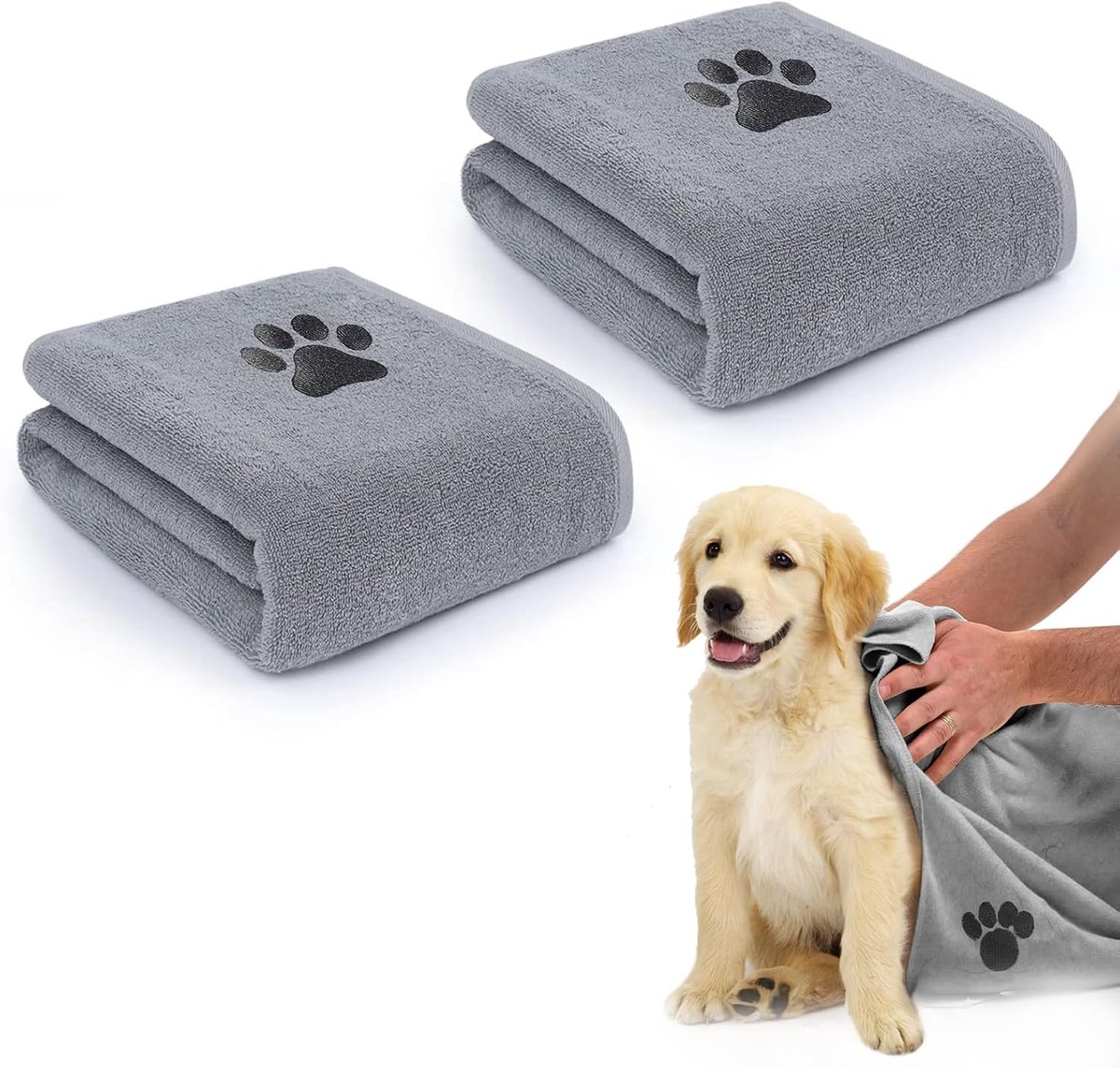 SnelShoppen - 2 Stuks Hondendoeken Set, Dieren Microvezel Handdoek, Sneldrogend Extra Absorberend met Geborduurde Klauwen, Geschikt voor Alle Huisdier