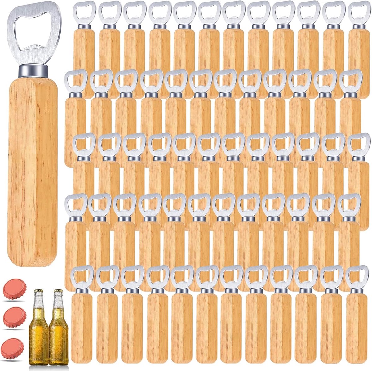 SnelShoppen - 60pcs Houten Flesopener met Houten Handgreep - Duurzame Bierflesopener voor Thuis, Buiten, Keuken en Bar - Ergonomisch en Makkelijk in G