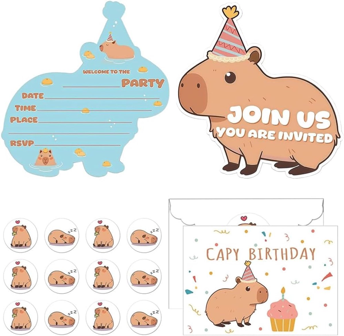 SnelShoppen - 12x Capybara Verjaardagsuitnodigingen met Enveloppen & Stickers, Dierenfeest Uitnodigingen voor Kinderfeestjes, Compleet Set voor Verjaa