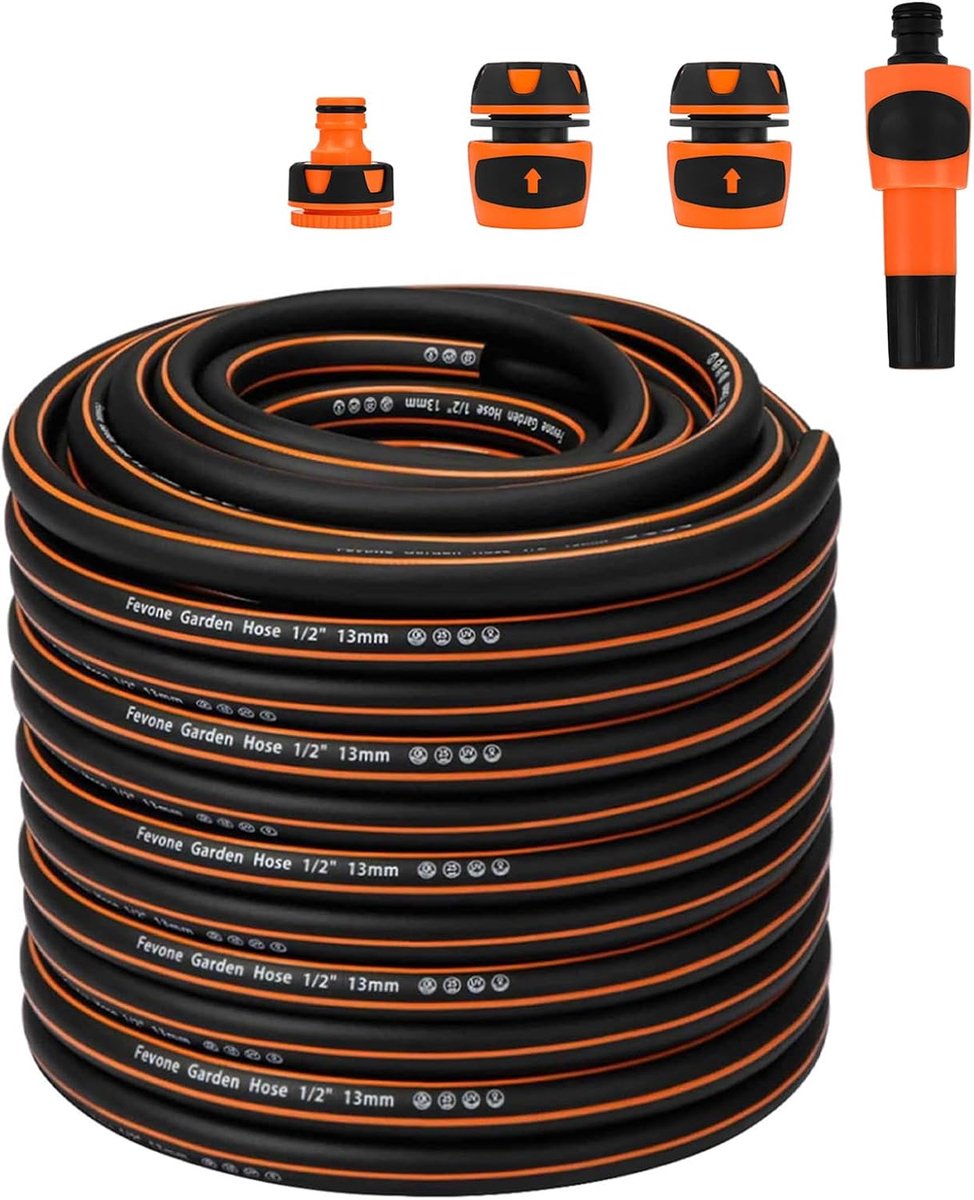 SnelShoppen - Tuinslang 50 m 1/2 Inch Flexibel en Robuust - Hybird Polymer Tuinslang met Accessoires - Zwart Oranje - Ideaal voor Tuin, Camping en Bui