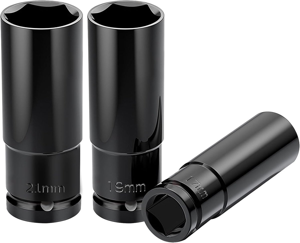 SnelShoppen - 3-delige Impact Wrench Set 1/2 Inch - 17mm, 19mm, 21mm Dopsleutels - Carbon Staal - 78mm Lengte - Perfect voor Wielbouten en Velgen