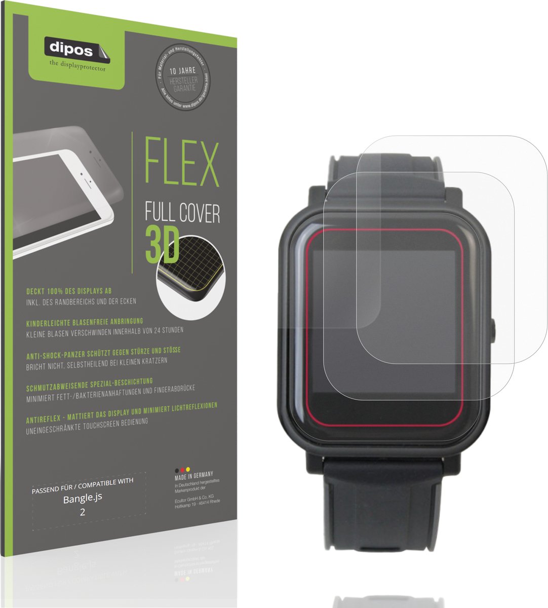 dipos FLEX – 2x Matte Screenprotector geschikt voor Bangle.js 2 | Volledige Schermbescherming | Case-Friendly