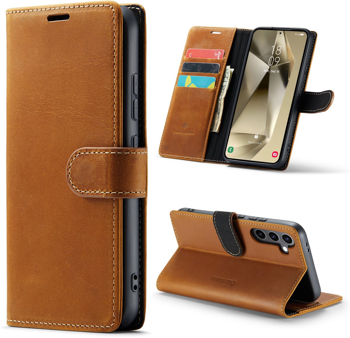 Casemania Echt Leren Hoesje Geschikt voor Samsung Galaxy S25 Plus - Sienna Brown - Leer Wallet Hoes - Portemonnee Book Cover met Pasjeshouder