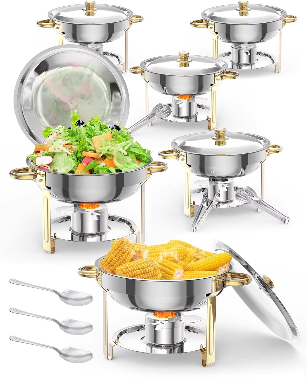 Set van 6 Chafing Dishes 5L - Voedselwarmer met Deksel en Accessoires - voor catering en feesten - Roestvrij Staal - Donkerbruin
