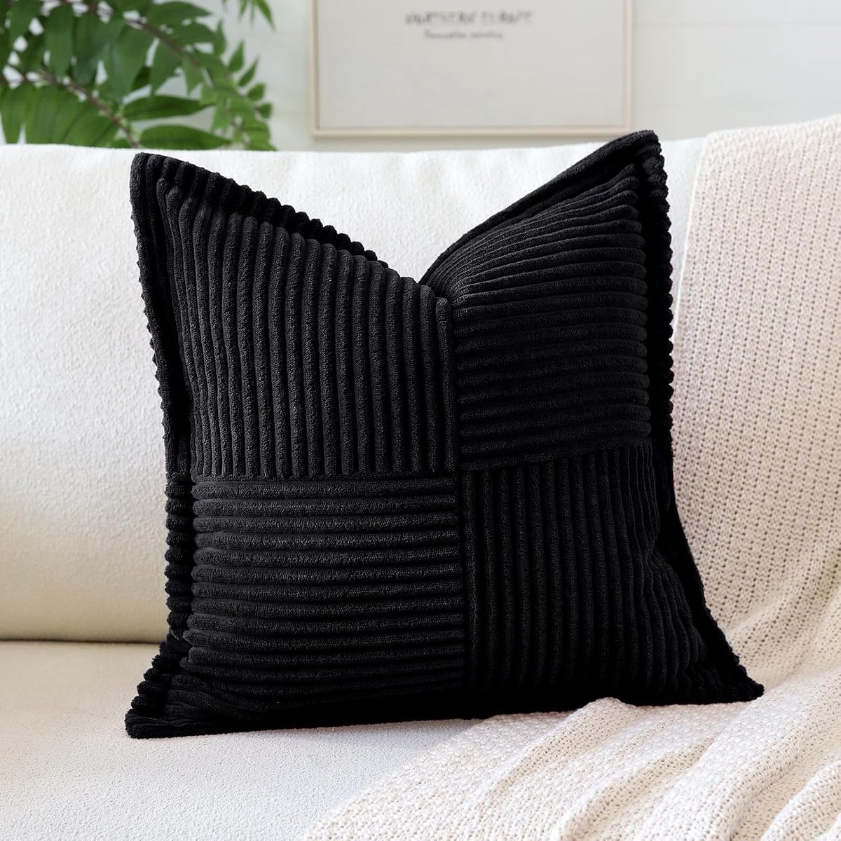 SnelShoppen - Corduroy Kussenhoes 45x45 cm, Zachte Velours Kussenhoes, Decoratieve Kussenhoes voor Bank en Slaapkamer, Zwart, Boho Streep Patroon