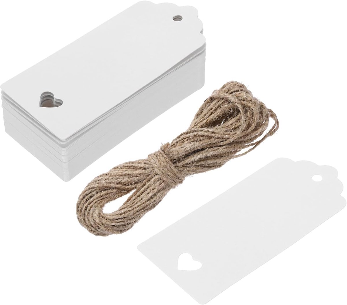 SnelShoppen - 50 Stuks Witte Cadeau Labels met Hartvormige Gat, Cadeautags, Rectangular, 10 Meter Jute Touw voor Kerst en Feesten