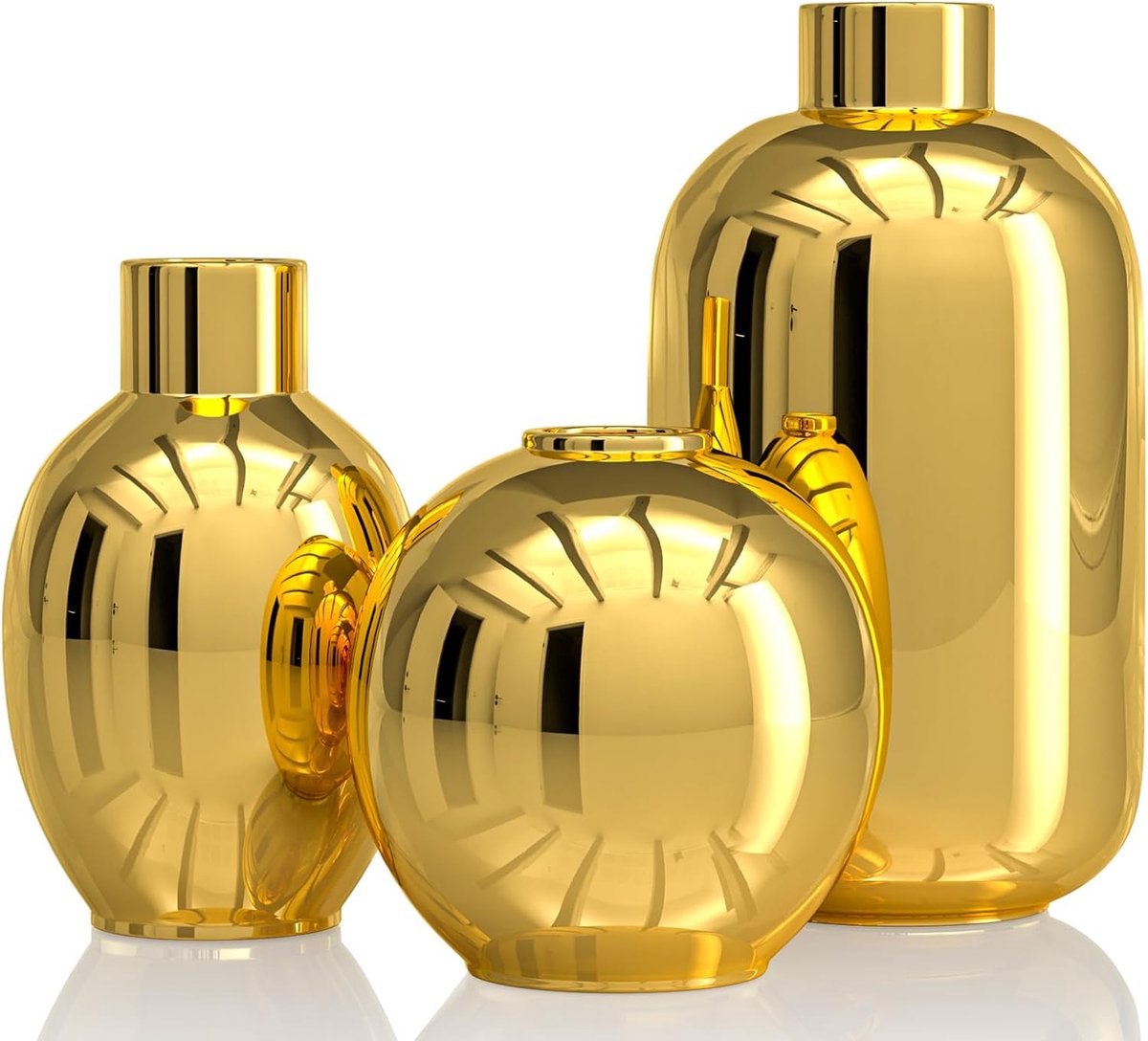 SnelShoppen - Set van 3 Shiny Gold Keramische Bloemenvazen, Moderne Ronde Decoratieve Vazen voor Pampasgras, Huishouddecoratie, Slaapkamer, Kantoor, W