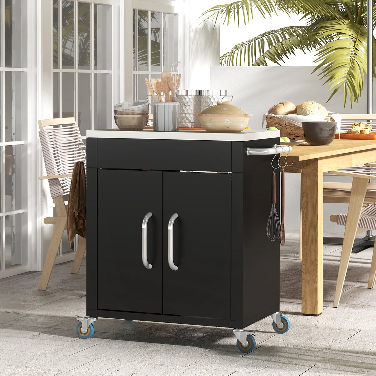 Wishdor - Keukenwagen - Verrijdbare opbergkast met 6 haken en 4 wielen - Industrieel - Voor keuken en eetkamer - Metaal met roestvrijstalen blad - Zwart - 86 x 50 x 86,5 cm