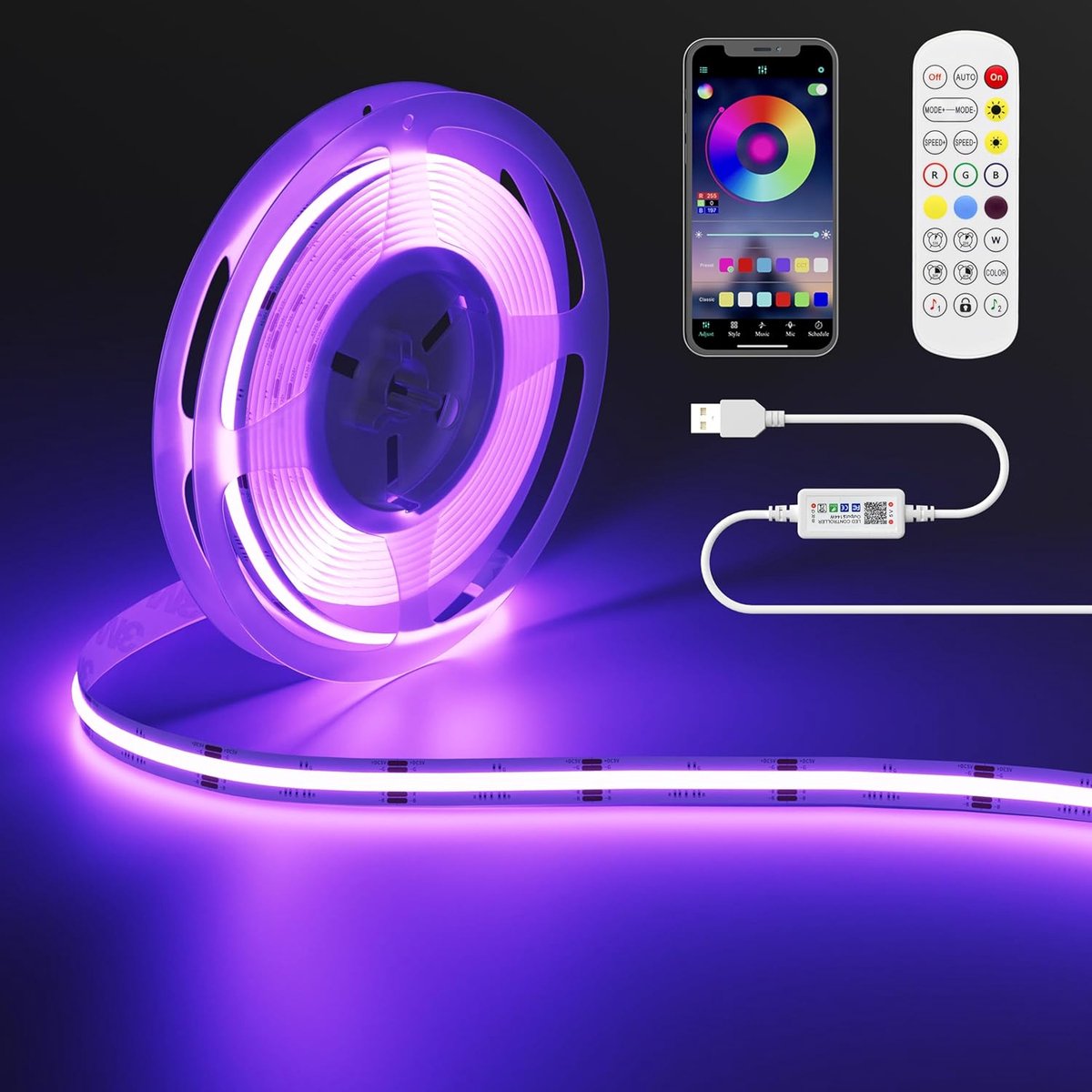 SnelShoppen - 1m RGB COB LED Strip met Bluetooth Smart App Controller - Kleurveranderende Flexibele LED Strip voor TV, Slaapkamer, Feest, DIY Decorati