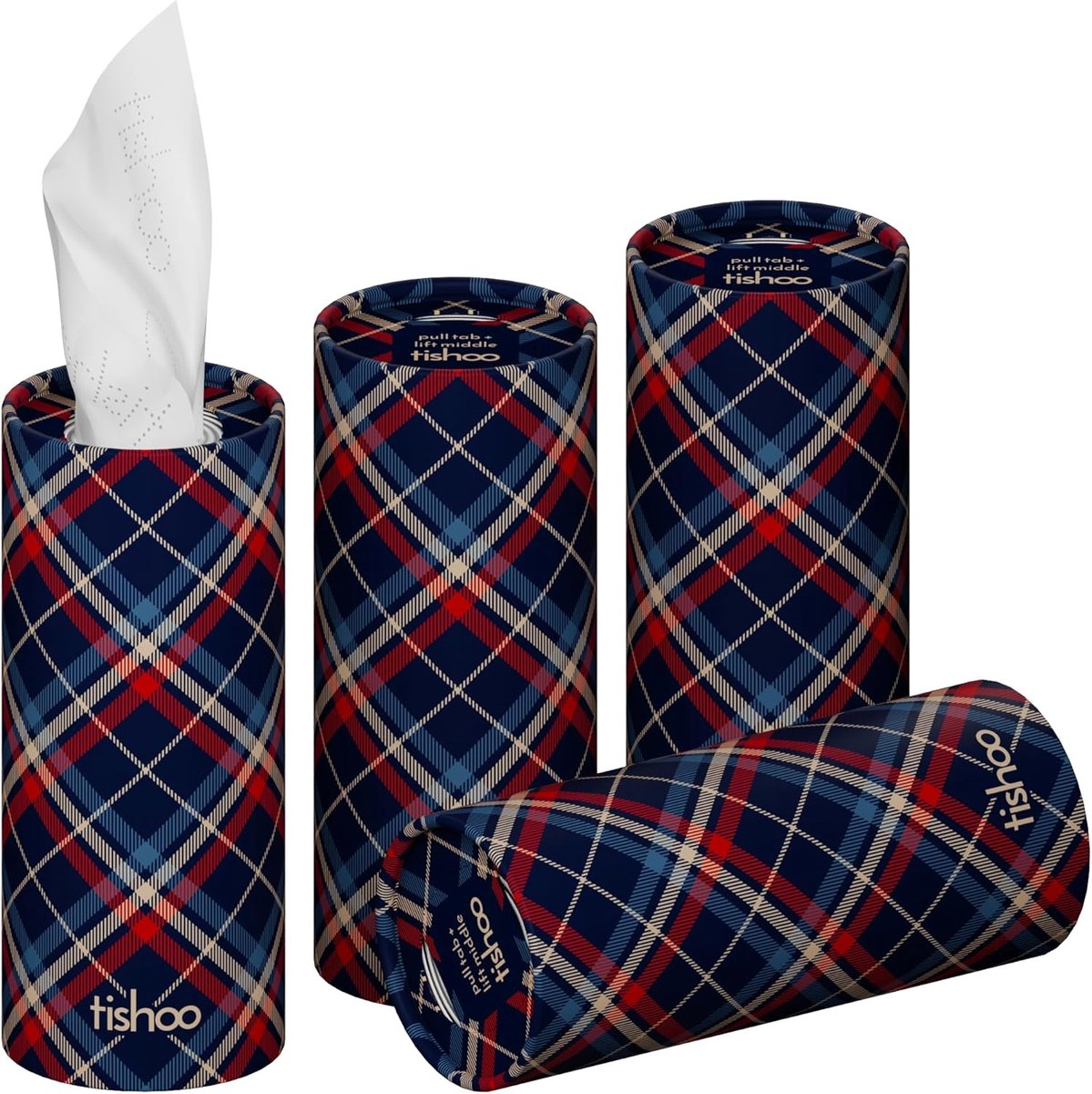 SnelShoppen - Hyaluronzuur Geïnfuseerde 4-laags Ultra Luxe Tissue voor Auto, Thuis & Reis | 4 Buizen in Plasticvrije Verpakking | Blauw/Tartan