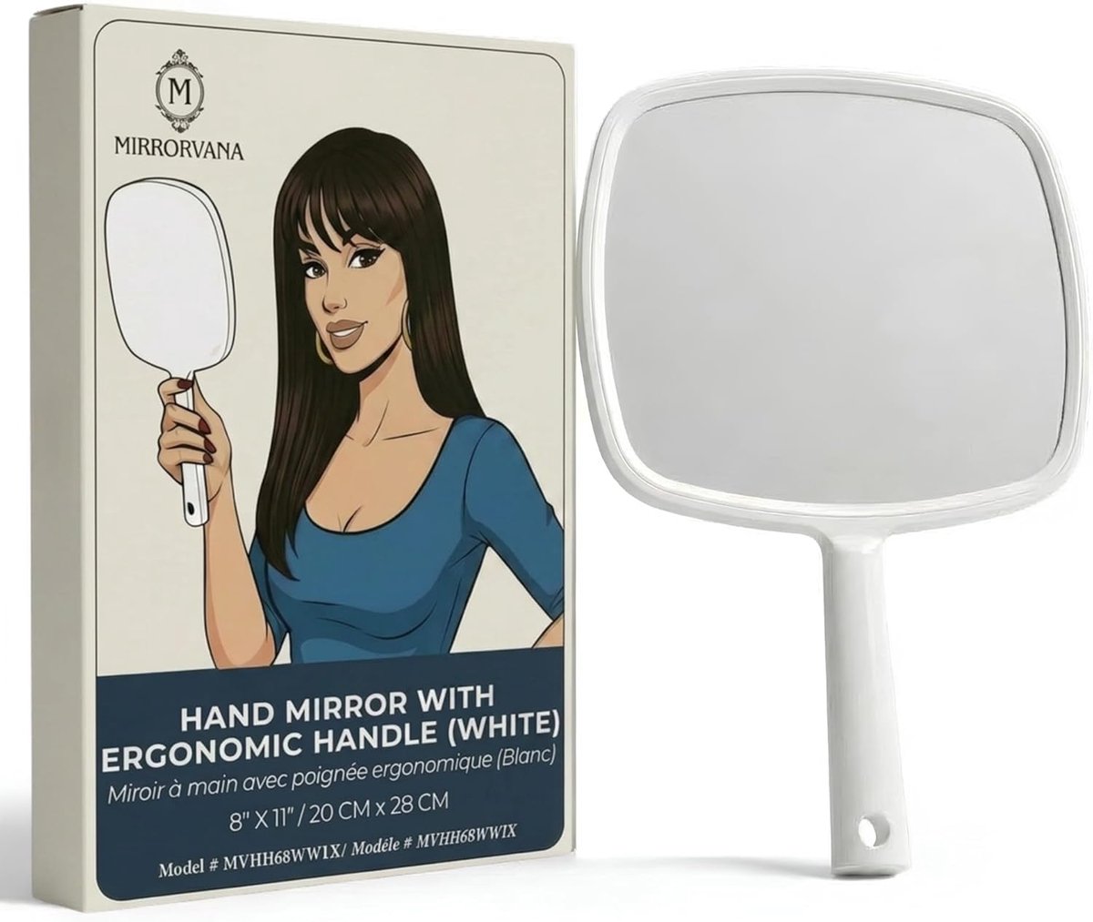 SnelShoppen - Handspiegel met Lange Handgreep - Makeup & Haarstyling Spiegel - Perfecte Reisgrootte (20 cm W x 28 cm L) - Wit - Ergonomisch en Gebruik