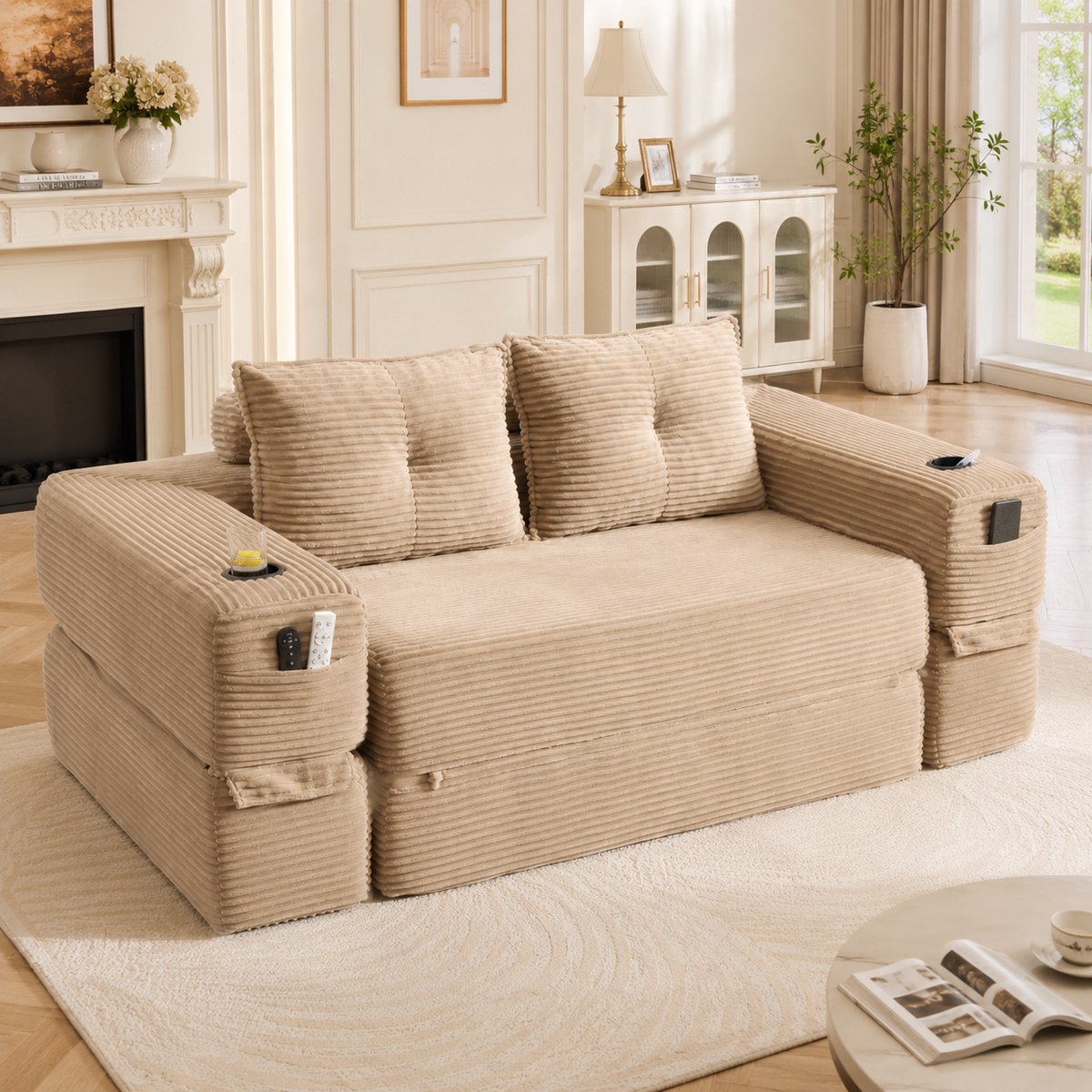 STILVORA Slaapbank 180 x 98 cm - 2-Zits Uitklapbare Bank Met Bekerhouder En Zijvakken - Voor Woonkamer En Logeerkamer - Cordstof Khaki
