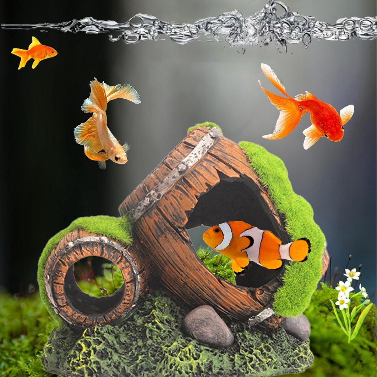 SnelShoppen - Aquarium Decoratie Barrel - Vis Tank Ornamenten met Mos, Houten Effect, Niet-toxisch Resin, 14x11x9cm, Perfect voor Kleine Vissen en Gar