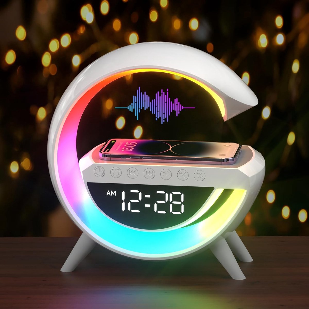 SnelShoppen - Mood Lamp met Draadloze Oplaadfunctie, 15W LED Alarm Klok, Dimbare Stemming Lamp, Slimme Tafel Lamp met Bluetooth Speaker, 13 Verlichtin