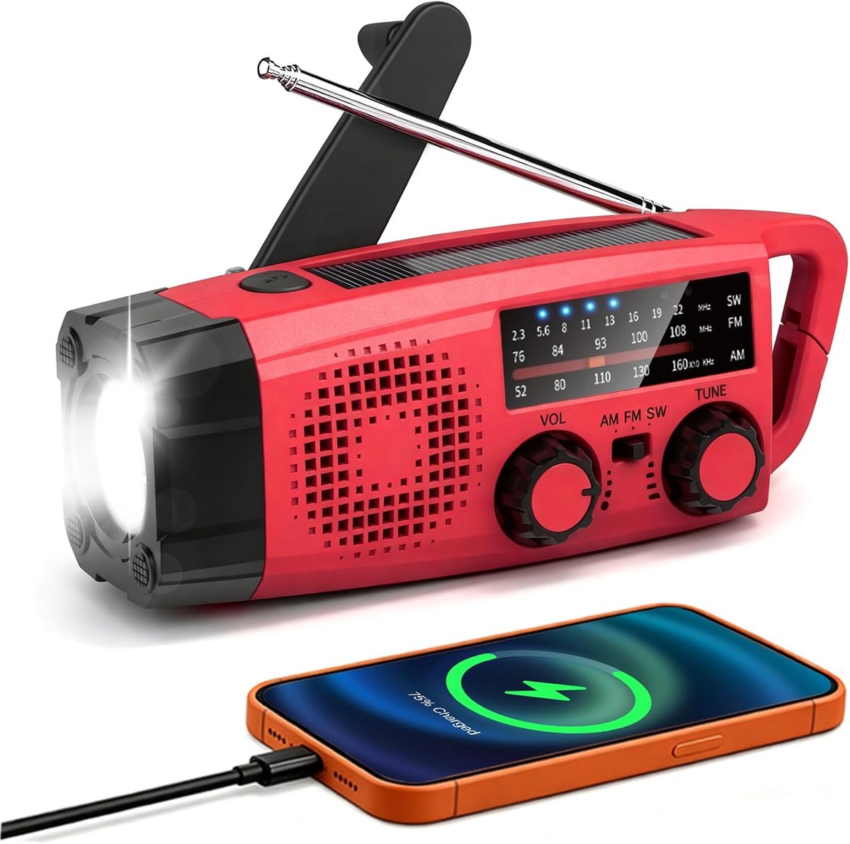 SnelShoppen - Emergency Radio met Crank en Zonne-energie, Draagbare USB AM/FM/SW Radio met SOS Alarm, 2000mAh Power Bank, Flashlight voor Camping, Out