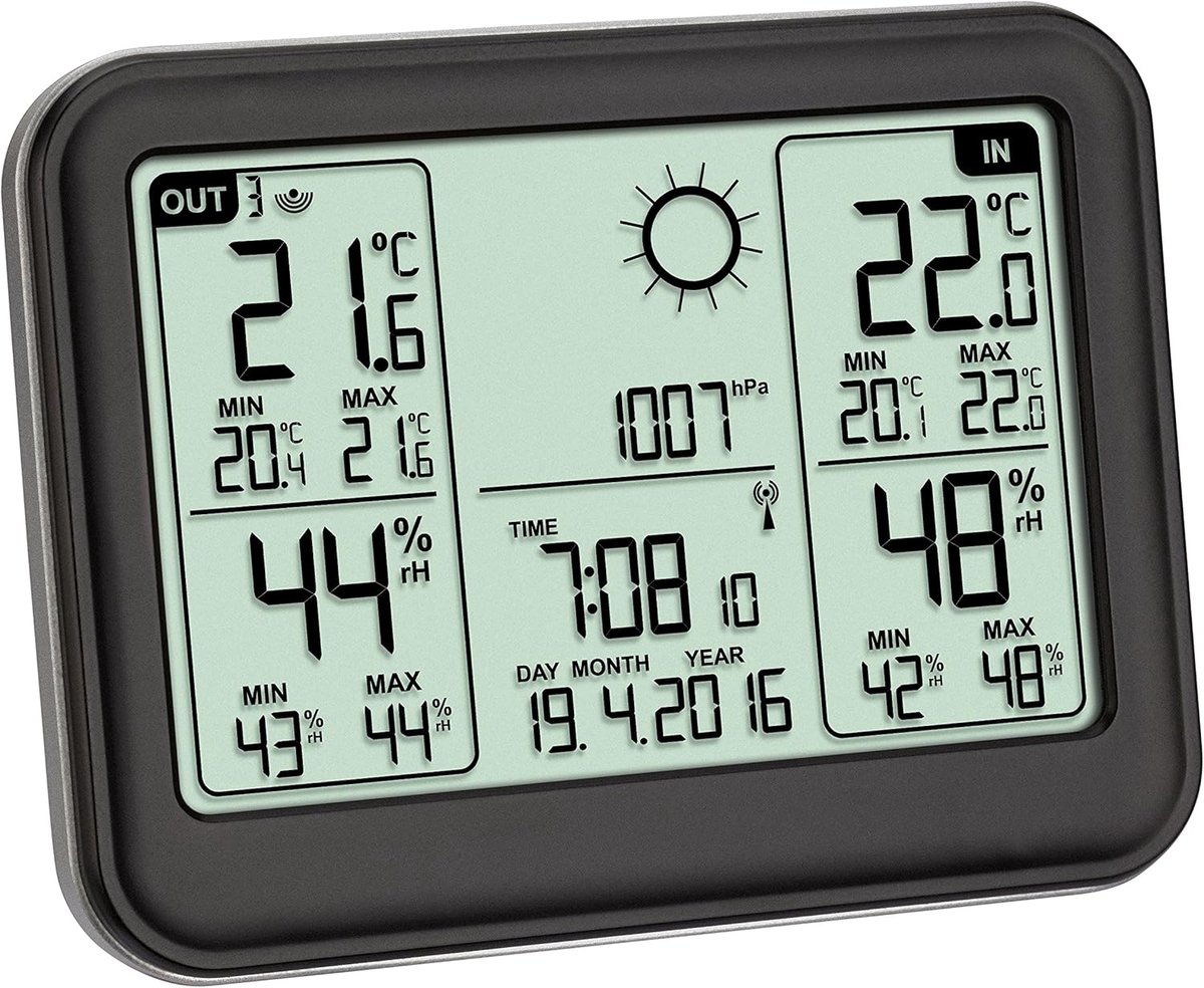 SnelShoppen - Weerstation TFA Dostmann - Zwart - Binnen-buiten temperatuur en vochtigheid - Weersvoorspelling - Draadloze klok met alarm en datum - To