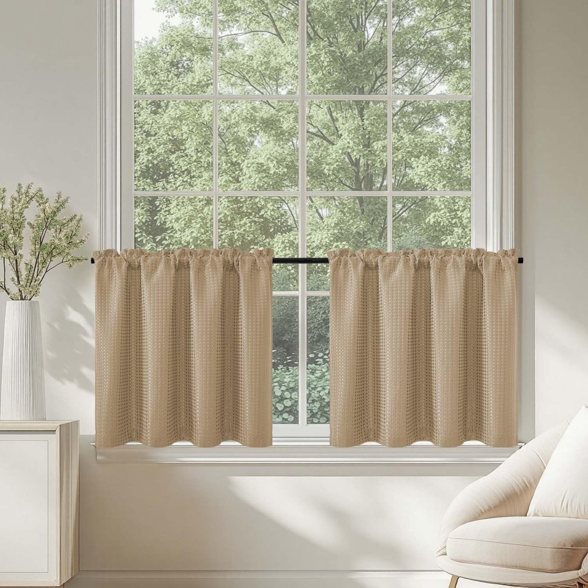 Keukengordijn Bistro - Vitrage Raambekleding - Privacy en Licht - Lichtdoorlatend en ondoorzichtig - 2x 60x90 cm - Bruin Wafel