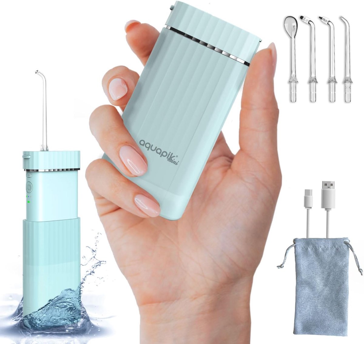 Thijox - Aquapik Mini-Monddouche Draagbaar, Oplaadbaar, 3 Gebruiksmodi, IPX7 Waterdicht, 4 Sproeiers, Compact en Ideaal voor Reis, Tandarts Aanbevolen
