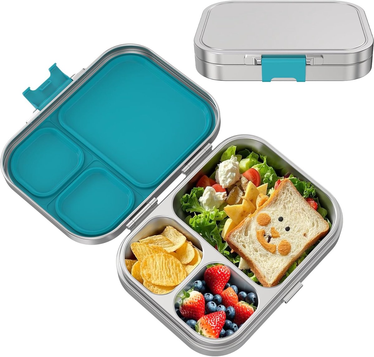 SnelShoppen - Roestvrijstalen broodtrommel voor kinderen, metalen bento-lunchbox met 3 vakken, afdichtring, vaatwasmachinebestendig, blauw, voor schoo