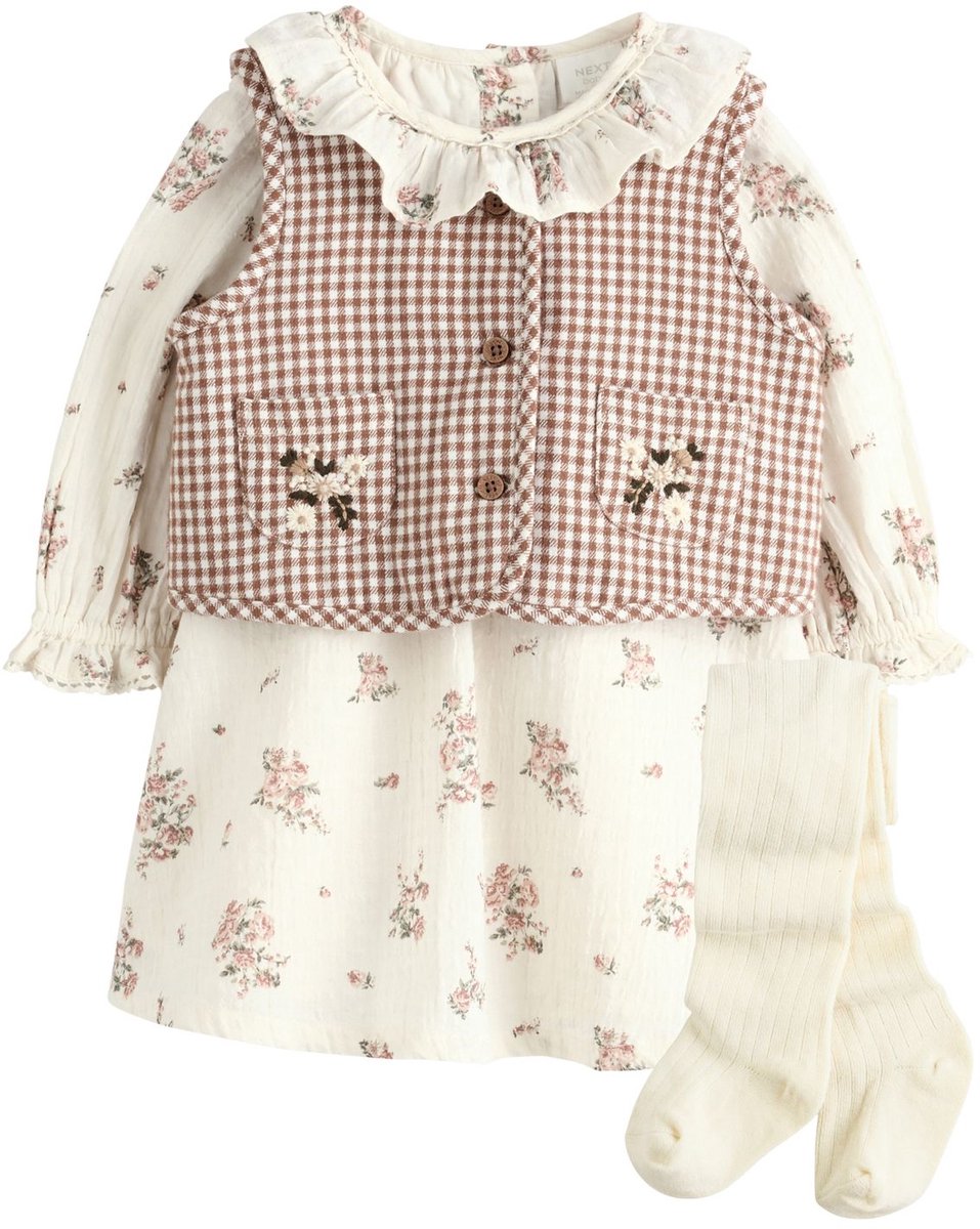 Next - Meisjes - 3-delige set met geweven babyjurkje, vestje en maillot - Crème