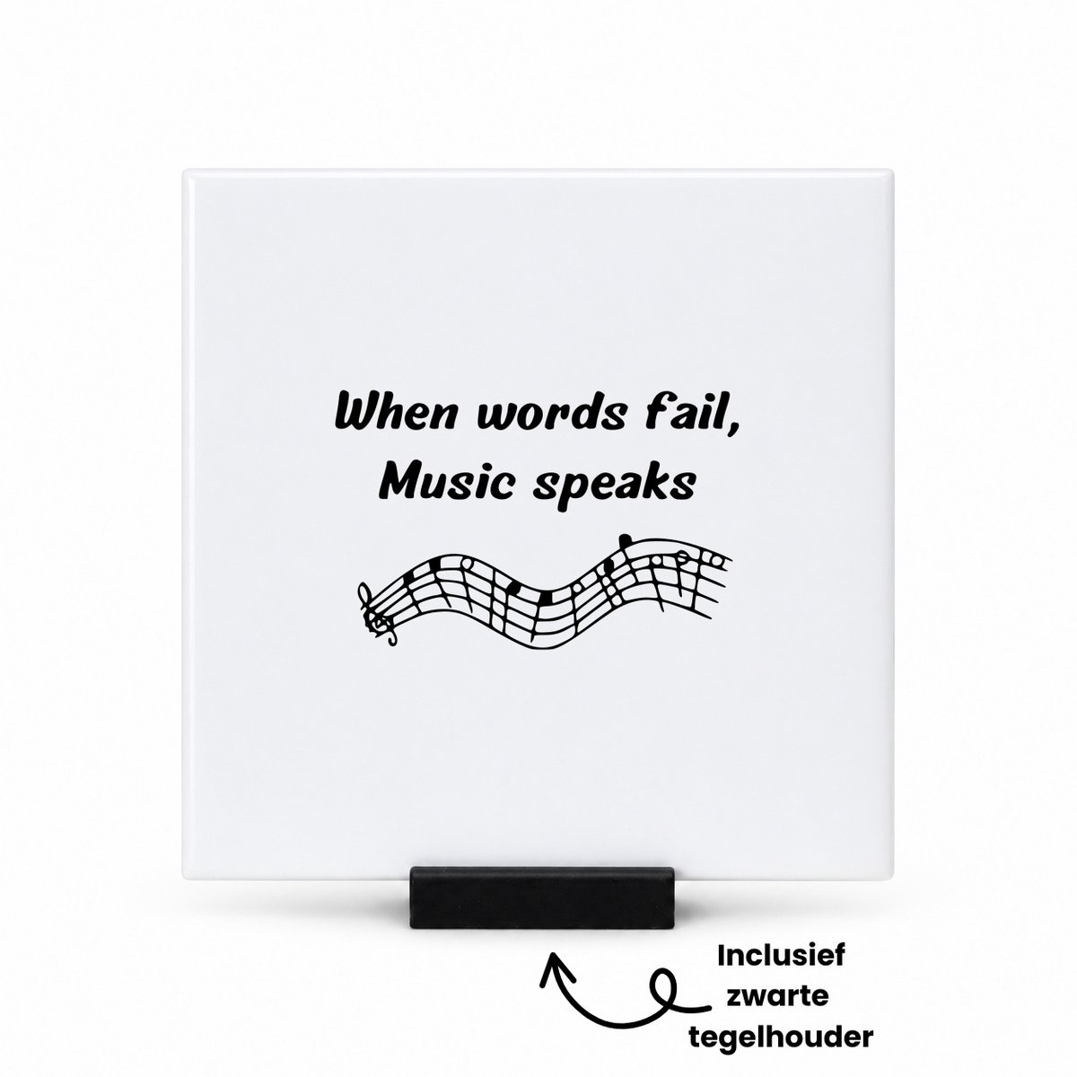Hacebo Muziek tegeltje met tegelhouder - Muzieknoot - Vriend of vriendin - tegeltjes met tekst - Muziek liefhebber - Leuke kado voor iemand die van muziek houd - spreuktegels - 10.8x10.8 CM Wit