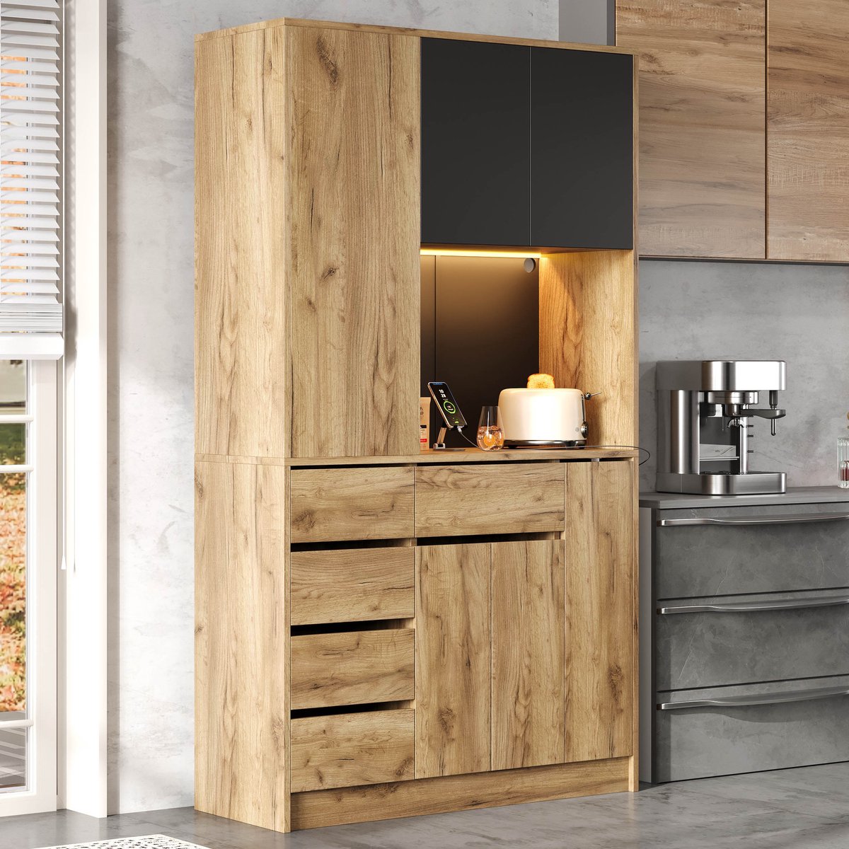 Wishdor - Keukenkast - Hoge opbergkast met 4-laags uittrekbaar kruidenrek, LED-verlichting en stopcontact - Modern - Keuken en eetkamer - Houtlook - Zwart/naturel - 105 x 40 x 185 cm