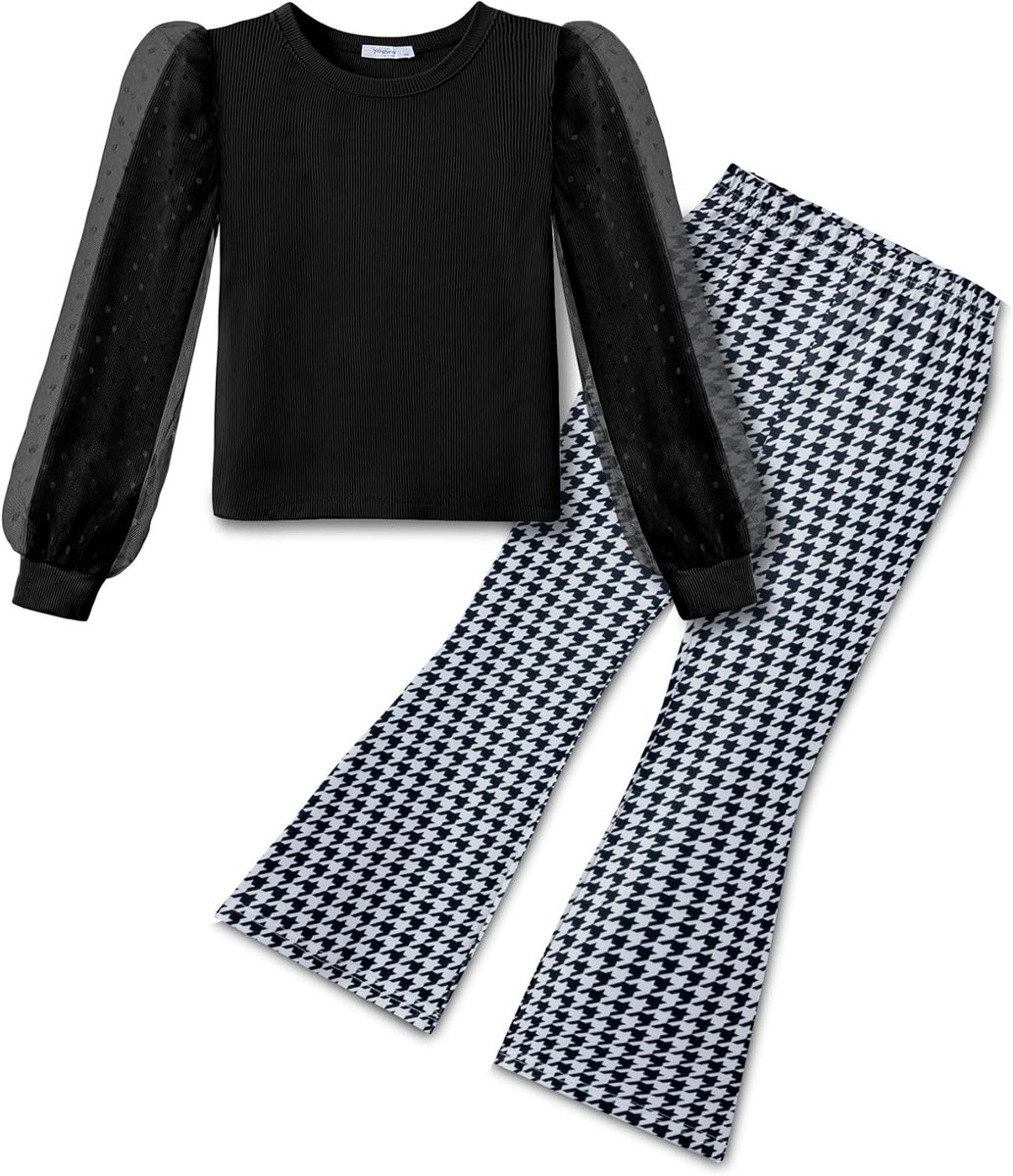 SnelShoppen - Meisjes Kleding Set, Corduroy Lange Mouwen Shirt met Wijde Broek, Geruit Luipaard Herfst Winter Kinderen Kleding Tracksuit 4-11 Jaar
