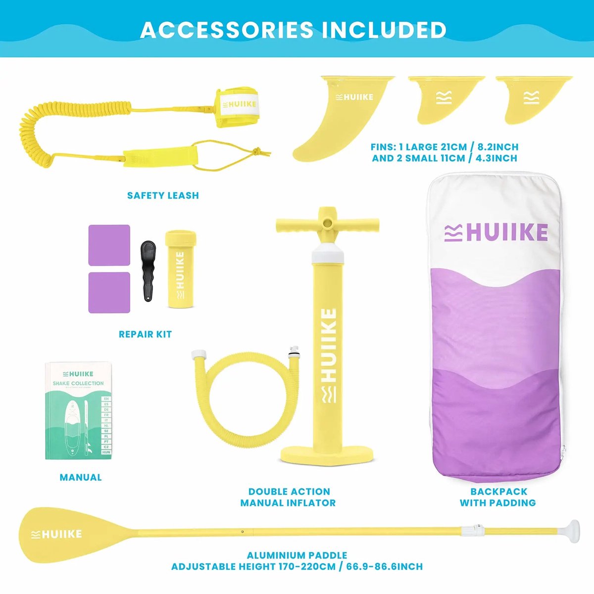 HUIIKE SUP Board - Opblaasbaar Paddle Board met Accessoires, Peddel, Vinnen, Pomp - Stand Up Paddle met Hoge Stabiliteit - 305 x 84 x 15 cm - Max. 130 kg – foto 3