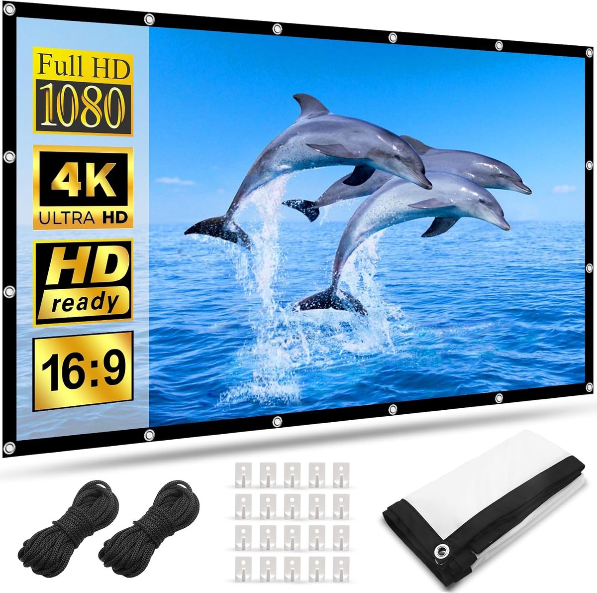 SnelShoppen - Projectiescherm 120 Inch 16:9 Opvouwbaar HD Filmscherm, Witte Milksatijn Met Haken en Touwen voor Thuis, Klaslokaal, Cinema, Buiten, Bin