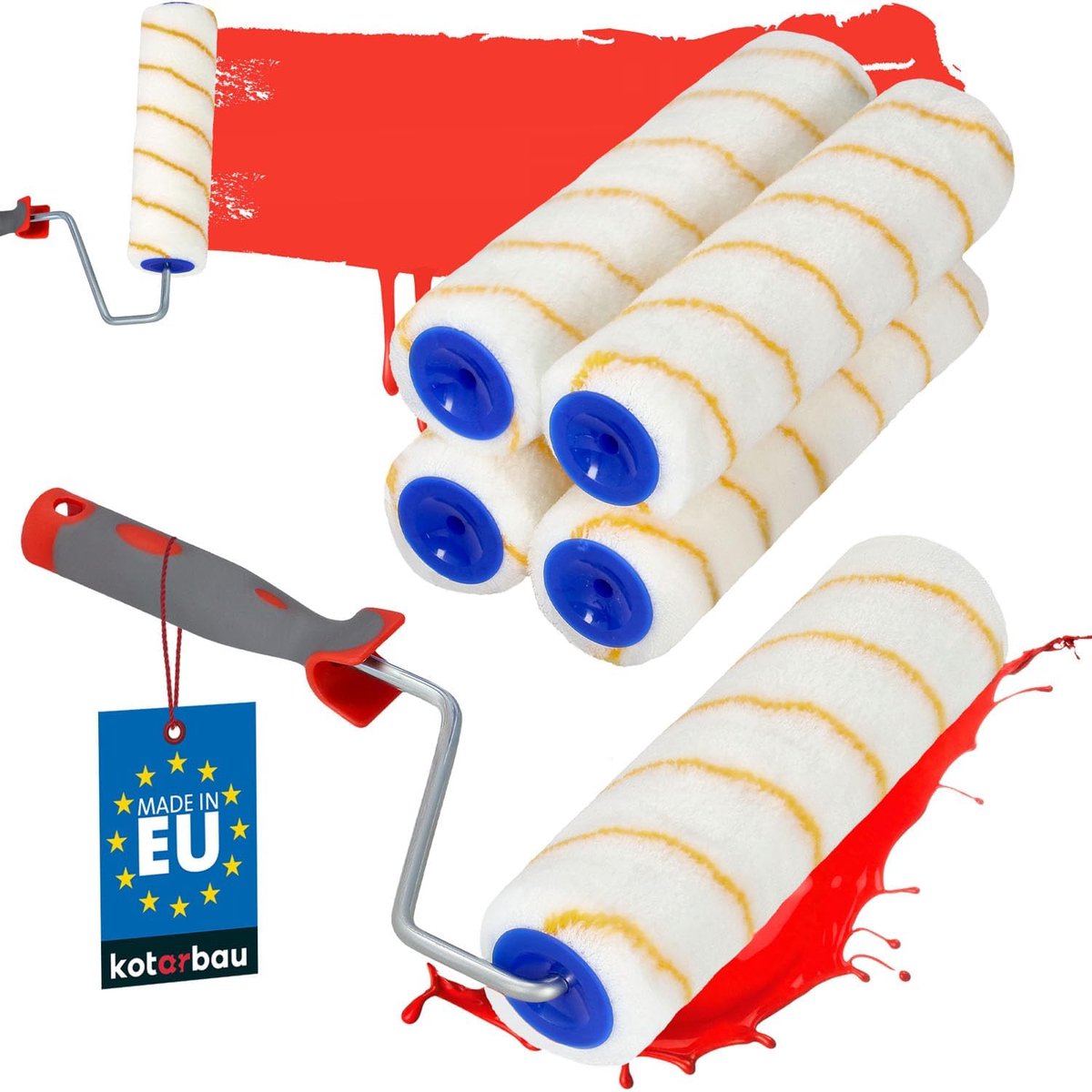 SnelShoppen - Set van 5 Gele Verfrollers 250 mm met Rubber Handgreep - Verfroller voor Emulsies, Latex, Siliconen - Ideaal voor Schilderen en Renovati