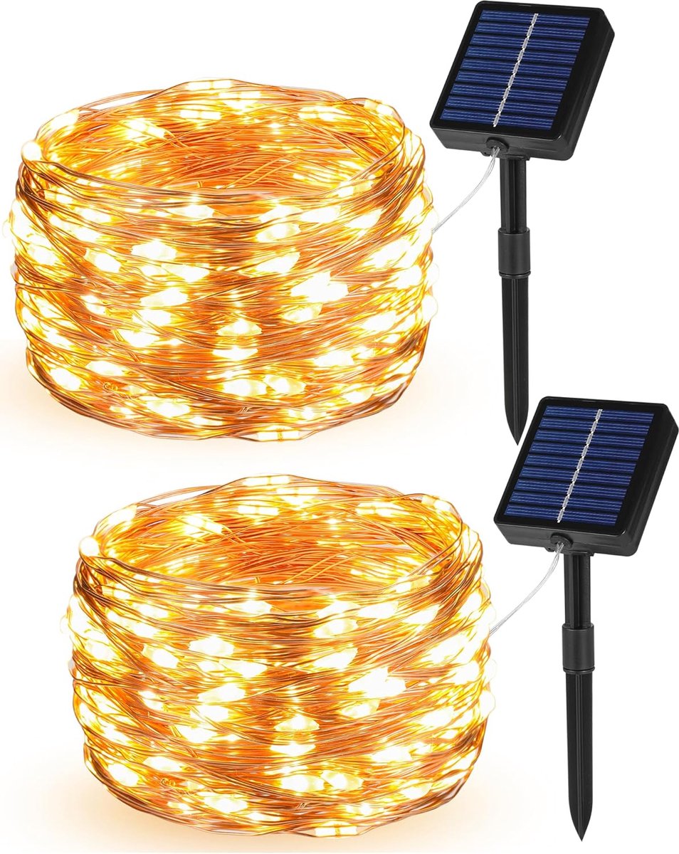 SnelShoppen - Solar Fairy Lights Buiten Warm Wit 10 m - 100 LED Copper Wire Tuinverlichting met Timer - 8 Verlichtingsmodi - IP65 Waterdicht - Perfect