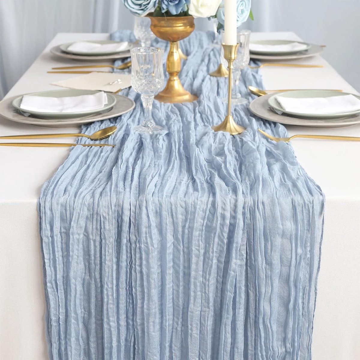 SnelShoppen - Table Runner Blauw Cheesecloth 90x300 cm - Boho Muslin Tafelkleed - Decoratief Stof - Perfect voor Bruiloft, Verjaardag en Feestjes