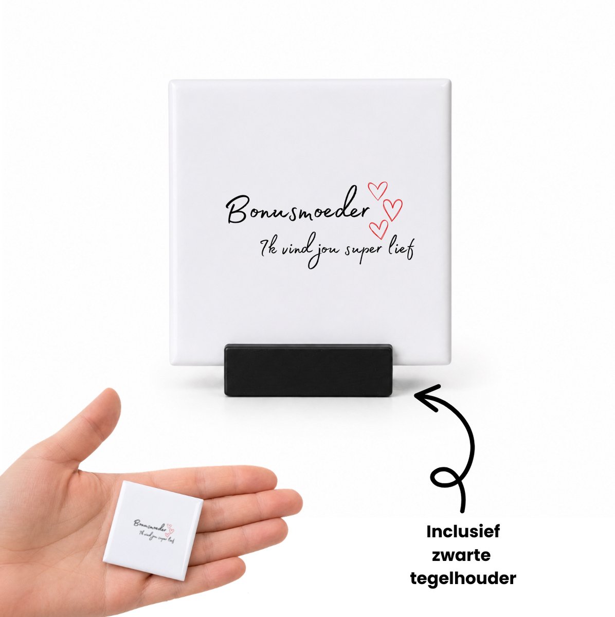 Hacebo bonusmoeder ik vind jou super lief tegeltje met tegelhouder - Mama - de liefste bonusmoeder - tegeltjes met tekst - Moeder cadeautjes - moederdag - verjaardag - geschenk - kado - spreuktegels - 4.8x4.8 CM Wit