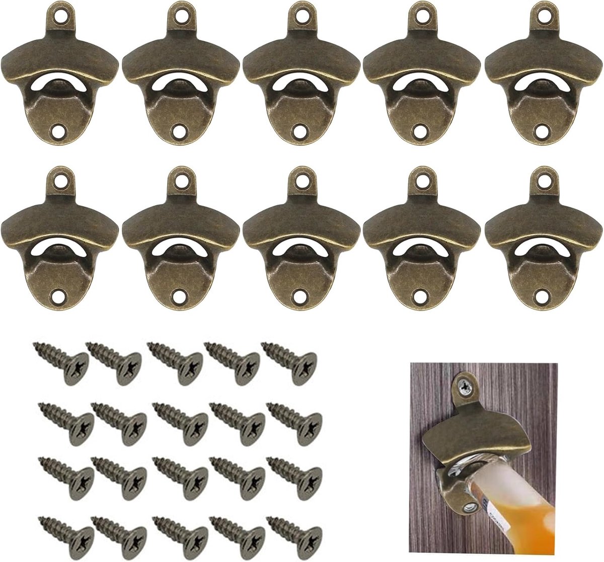 SnelShoppen - 10 Stuks Gietijzeren Flessenopener voor Wand - Wandmontage met Schroeven voor Bar, Keuken, Terras en Restaurant (Bronze)