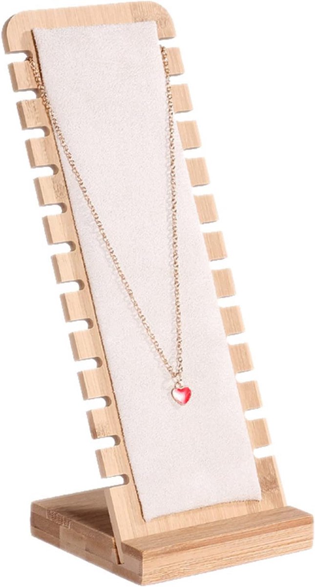 SnelShoppen - Houten Kettinghouder met 12 Slots - Sieraadstandaard voor Kettingen, Armbanden en Hangers - Beige PU Kunstleer - Elegante Sieraden Organ