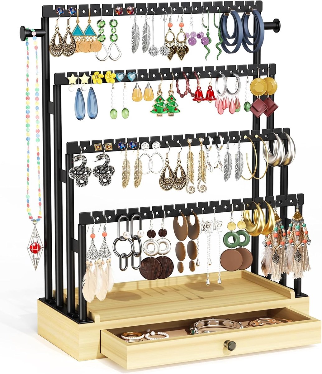SnelShoppen - 4 Laags Oorbellenstandaard met 140 Gaten, Sieraden Organizer met Lade, Vintage Houten Kleur, Perfect voor Studs, Hoepel Oorbellen en Hal