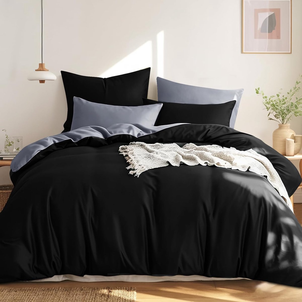 SnelShoppen - RUIKASI Beddegoed Set 220 x 240 cm, 100% Katoen, Zwarte en Grijze Kleur, 3-delige Omkeerbare Dekbedovertrek Set met Rits, Inclusief 2 Ku