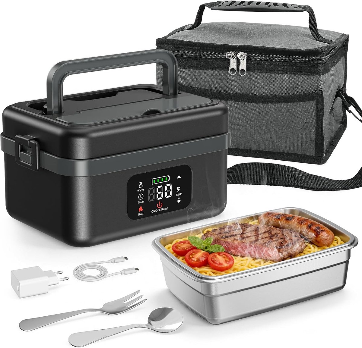 SnelShoppen - Verwarmde Kom met Timer en 6 Temperatuurniveaus, Elektrische Lunchbox 1L met Batterij voor Thuis en Op Kantoor