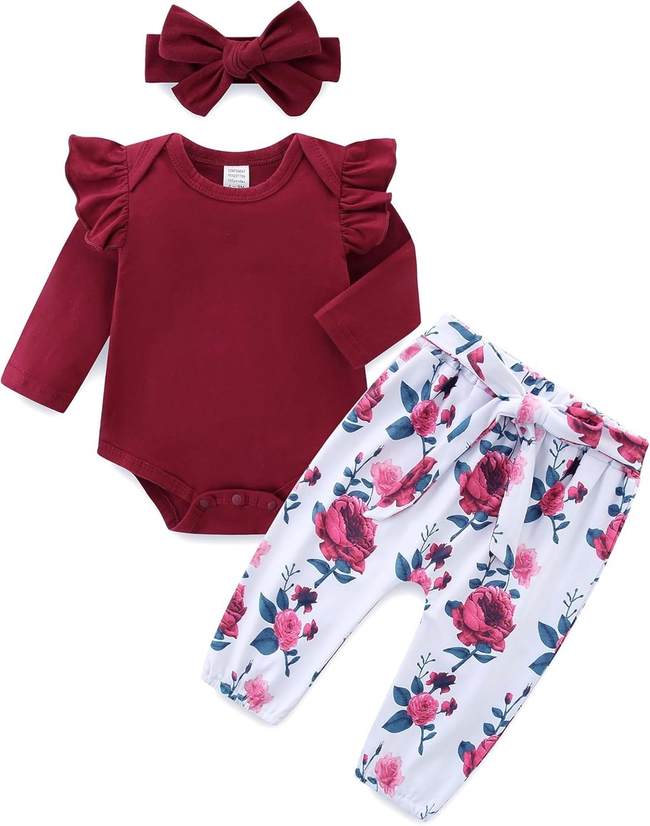 SnelShoppen - Baby Meisjes Kleding Set met Lange Mouwen, Romper + Bloemen Broek + Haarband, Schattig Baby Kleding Set voor 0-12 Maanden, Zacht Katoen
