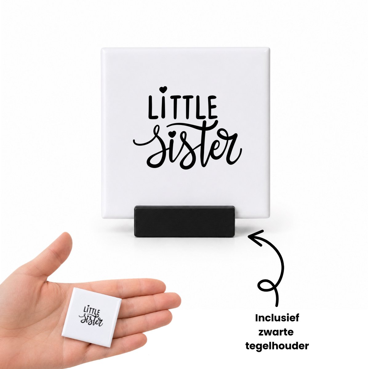 Hacebo Little sister tegeltje met tegelhouder - Zus - zusje - tegeltjes met tekst - cadeau - verjaardag - jongste zus - familie - spreuktegels - 4.8x4.8 CM Wit
