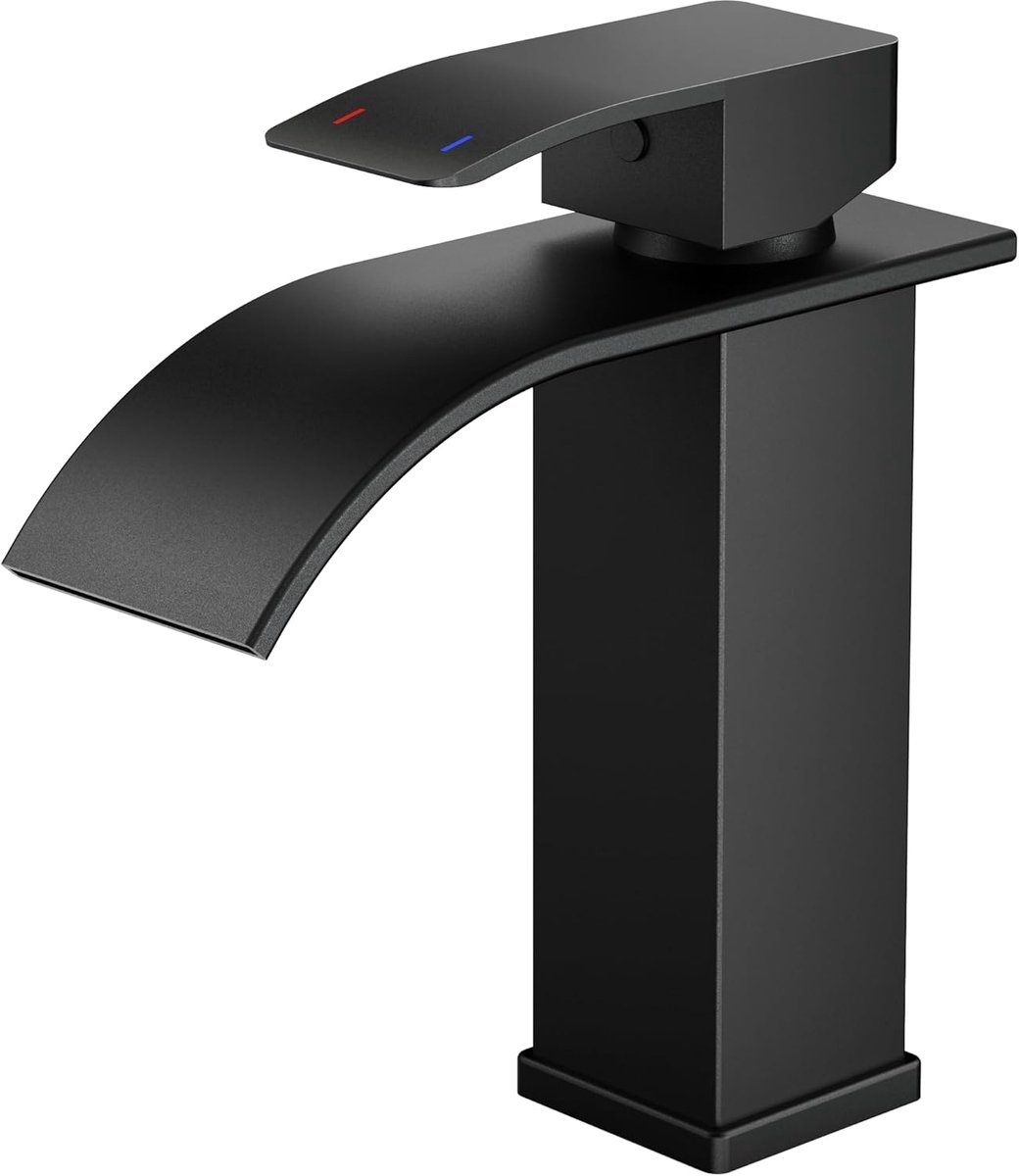 SnelShoppen - Waterfall Wastafelmengkraan Zwart, Enkelhandige Mixer, Hoogte 110mm, Waterbesparend & Energiebesparend, Modern Design voor Badkamer