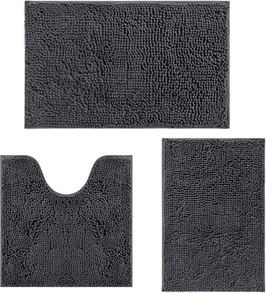 SnelShoppen - 3 Delige Badmat Set - Donkergrijs Chenille Badkleden - Antislip, Wasbaar, Ultra Zacht, Perfect voor Badkamer, Douche, Toilet