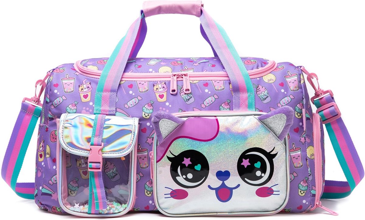 SnelShoppen - Gymtas voor Kinderen, Sporttas, Reistas Meisjes, Dierenprint, Afneembare Schouderriem, Handgrepen, Ruimtebesparend, Kat, Larga, Weekendt