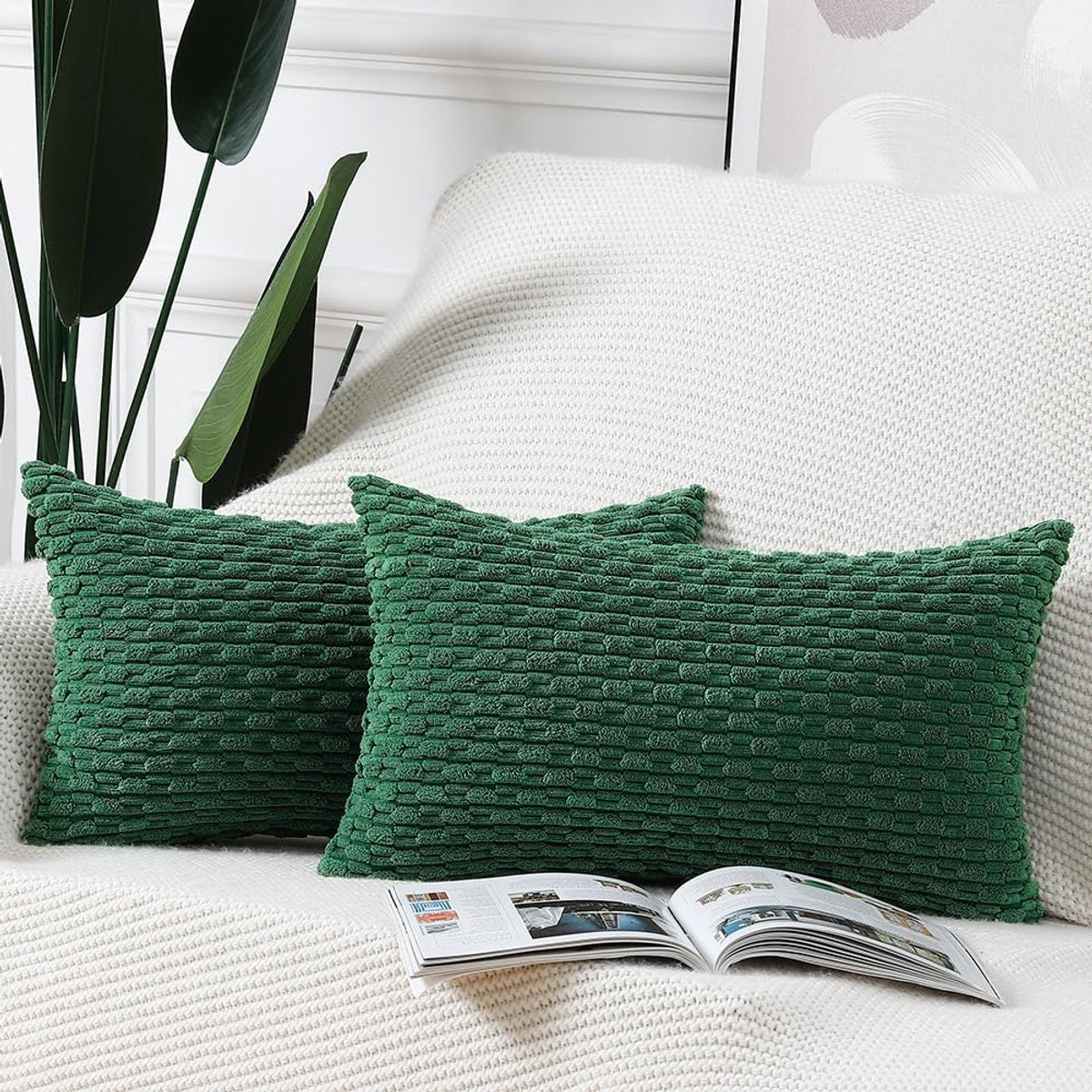 SnelShoppen - Set van 2 Corduroy Boho Kussenhoezen 30x50cm Groen - Zachte Decoratieve Kussens voor Sofa en Slaapkamer - Duurzaam en Comfortabel