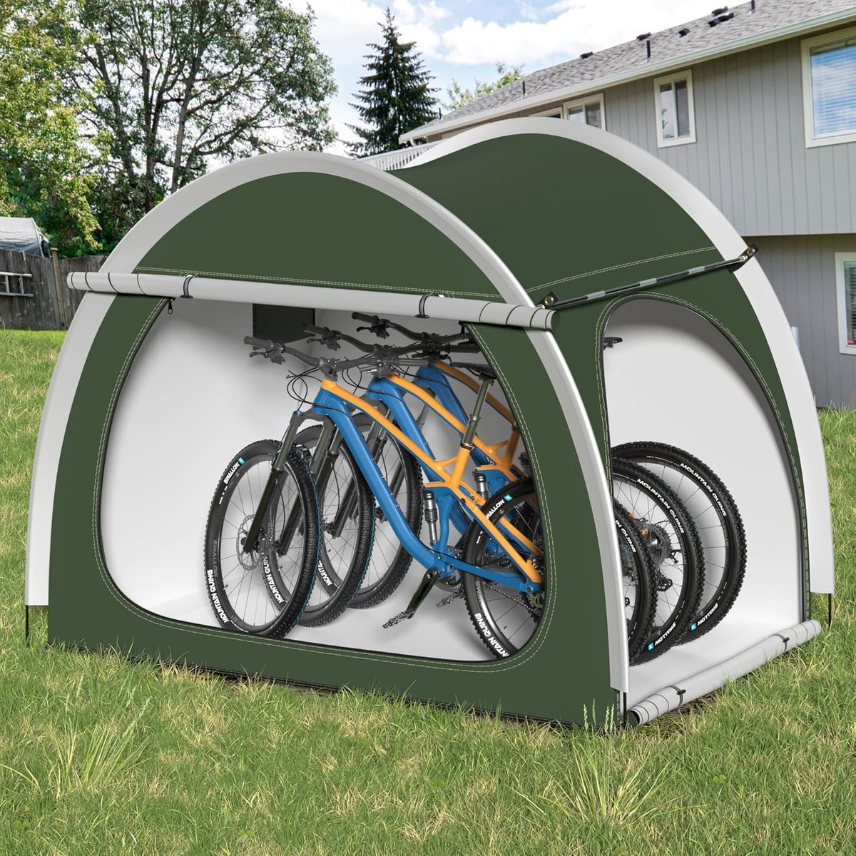 SnelShoppen - Fietstent voor 3-4 fietsen, waterdichte fietsgarage 210x150x165 cm, PU 4000 mm, compacte fietsschuur voor buiten, groen, ideaal voor mot